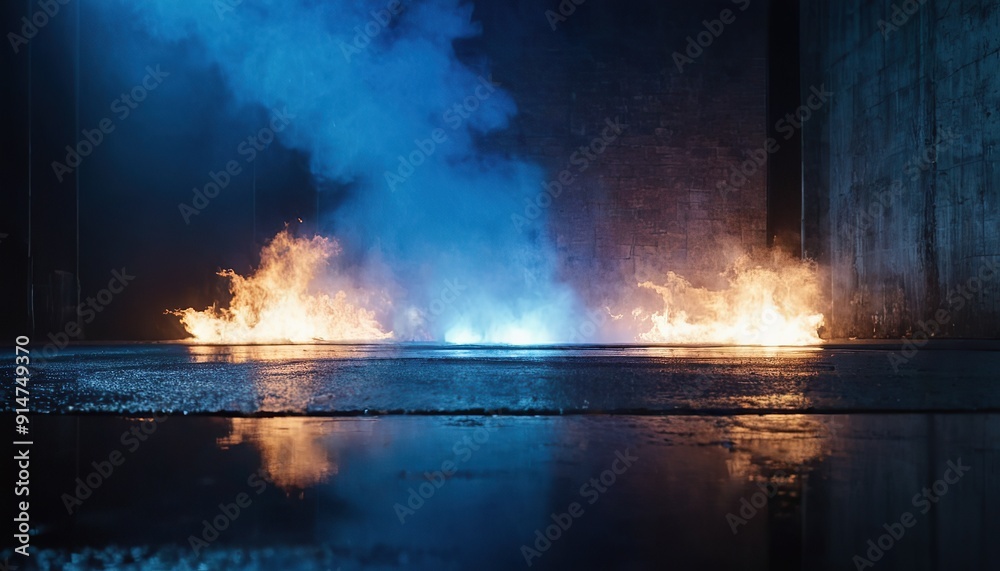 Blue dark background of empty foggy street with wet asphalt illuminated by a searchlight laser28 Blue dark background of empty foggy street with wet asphalt illuminated by a searchlight laser28