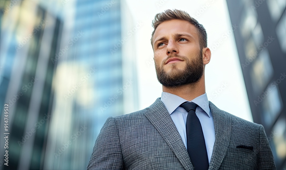 Elegant Young Man in Expensive Suit Against Blurry Skyscraper Background
