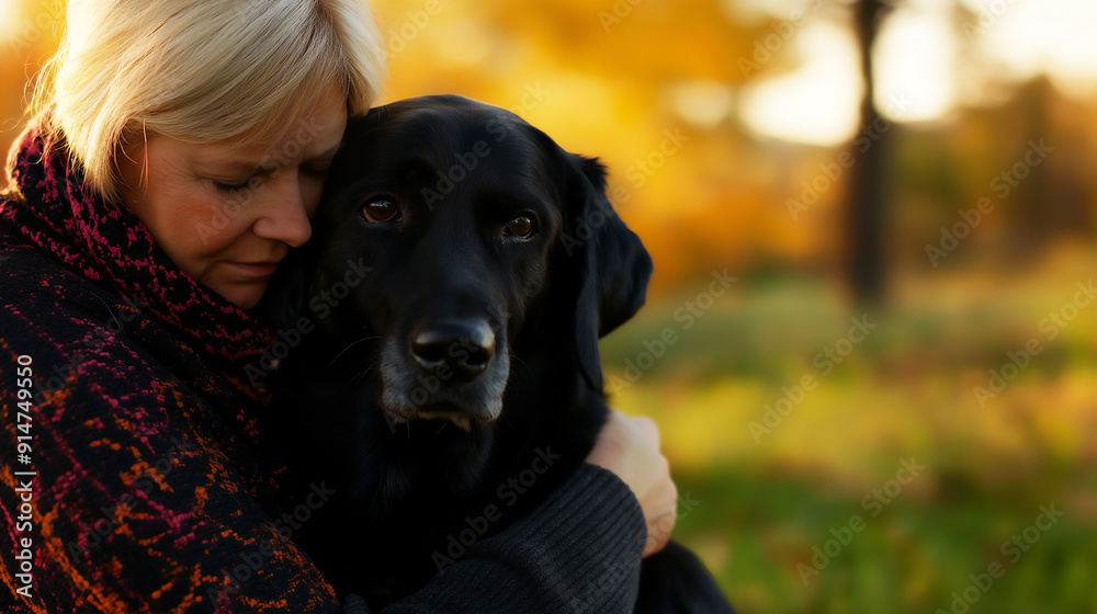 Caucasian woman dog owner hugging her senior Black Labrador Retriever in Autumn park setting, pet and owner bond concept, copy space Caucasian woman dog owner hugging her senior Black Labrador Retriever in Autumn park setting, pet and owner bond concept, copy space