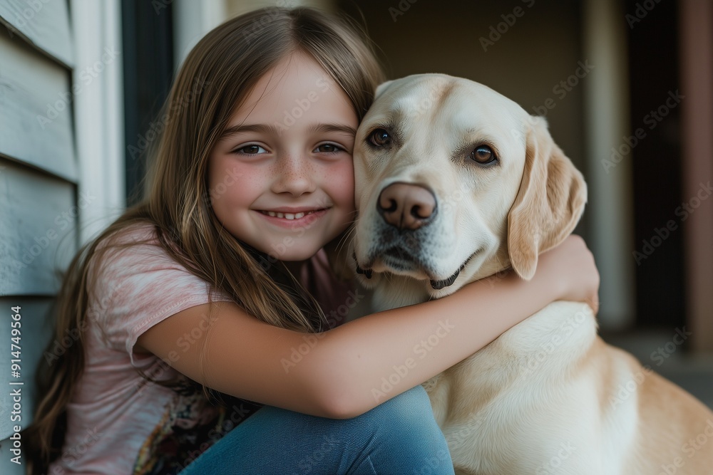 girl hugs her labrador dog on the porch of her house girl hugs her labrador dog on the porch of her house