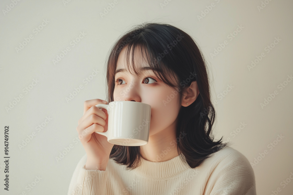 マグカップでホットドリンクを飲む若いアジア人女性。冬の日の朝のイメージ。 マグカップでホットドリンクを飲む若いアジア人女性。冬の日の朝のイメージ。