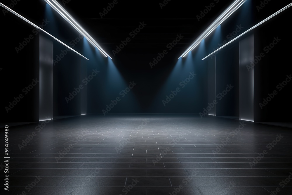 Dark room with bright spotlights and tiled floor. Dark room with bright spotlights and tiled floor.