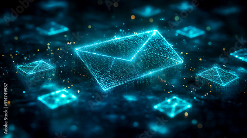 A futuristic digital representation of glowing envelopes made up of binary code, symbolizing electronic mail and modern communication.