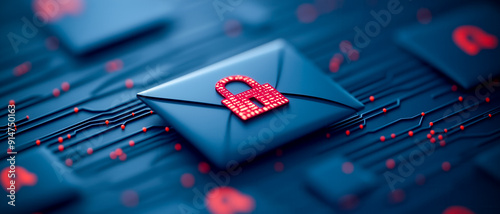 A close-up of a digital envelope with a glowing red lock icon, symbolizing secure email communication.