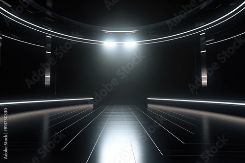 Futuristic abstract background with bright lights and dark walls.