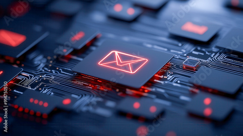 A close-up view of a digital envelope icon glowing red on a microchip, representing secure electronic communication and email technology.