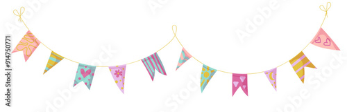 Bunting garland doodle. Doodle birthday garland of flags. Festival or Christmas party bunting border decoration.