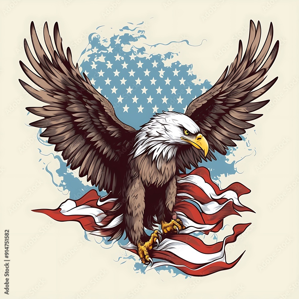 Obraz premium American Bald Eagle Soaring With Waving Flag