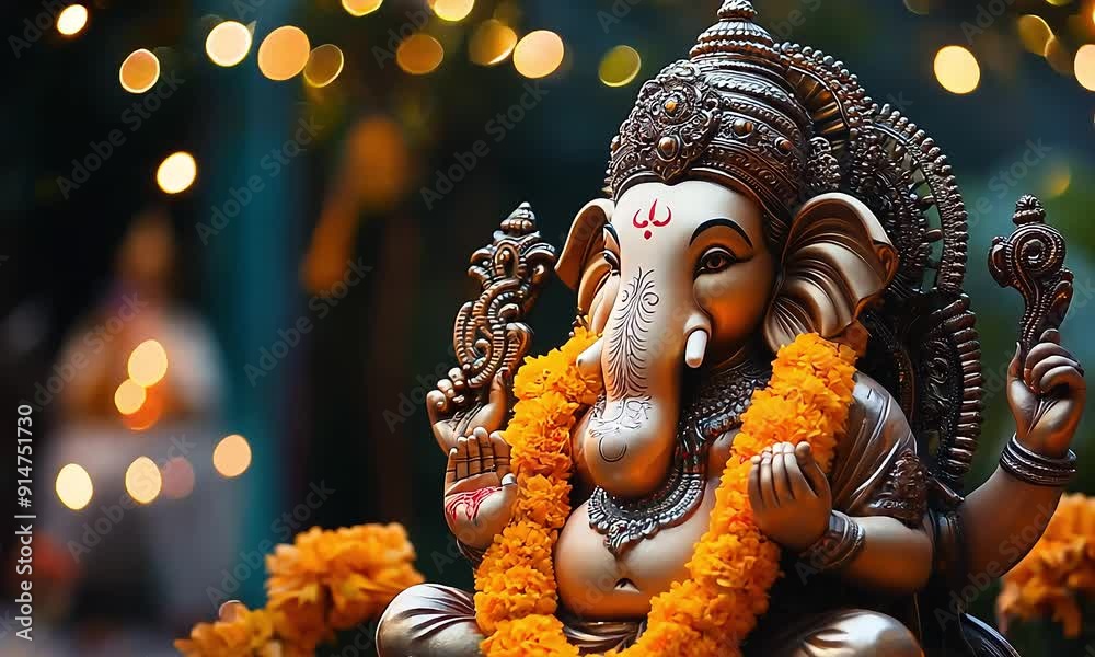 Ganesha idol adorned with marigold garlands and lights with ai generated.
