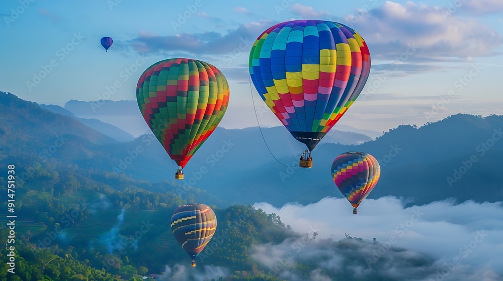 Fototapeta premium Colorful Hot Air Balloons Soaring Above Misty Mountains