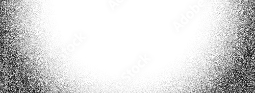 Black stipple gradient texture. Grunge dotted noise background. Black gritty splattered sand halftone overlay. Radial distressed sprayed dotwork grain with specks, dust, dots, speckles. Vector