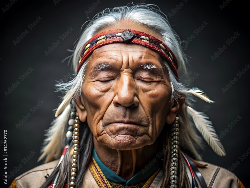 Native American Elder with Eyes Closed.