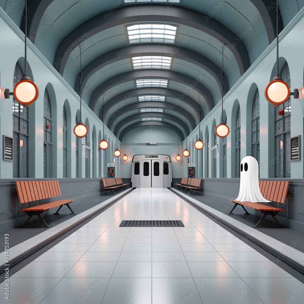 Obraz premium Eerie Abandoned Train Station with Vintage Props and Ghostly Projections - Flat Design Illustration