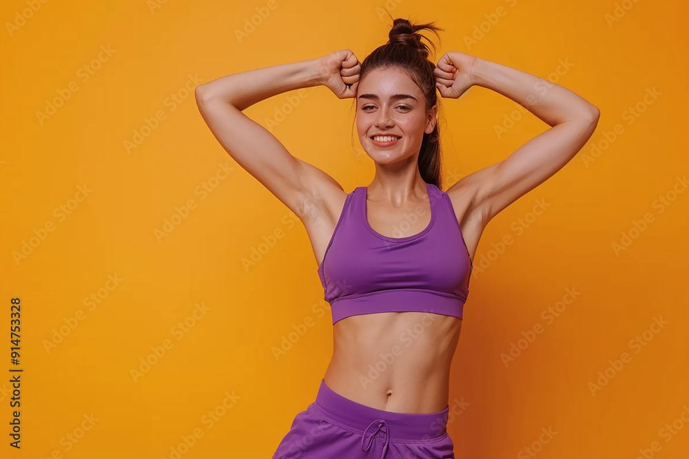 A young woman with brown hair is wearing a purple sports bra and matching shorts. She is smiling and posing with her arms raised, against a bright yellow background. A young woman with brown hair is wearing a purple sports bra and matching shorts. She is smiling and posing with her arms raised, against a bright yellow background.