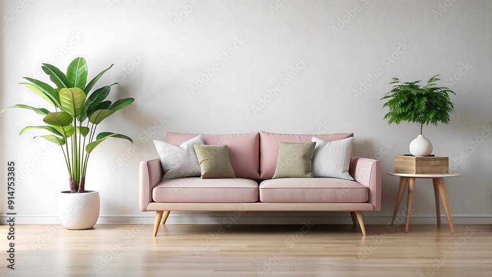 Pink Sofa in Minimalist Living Room with Plants. Pink Sofa in Minimalist Living Room with Plants.