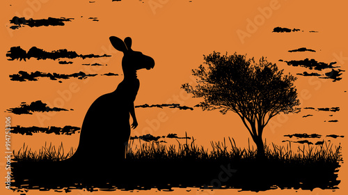 Kangaroo Silhouette at Sunset in Australian Outback with Orange Sky and Tree, Ideal for Wildlife Art and Nature-Themed Designs