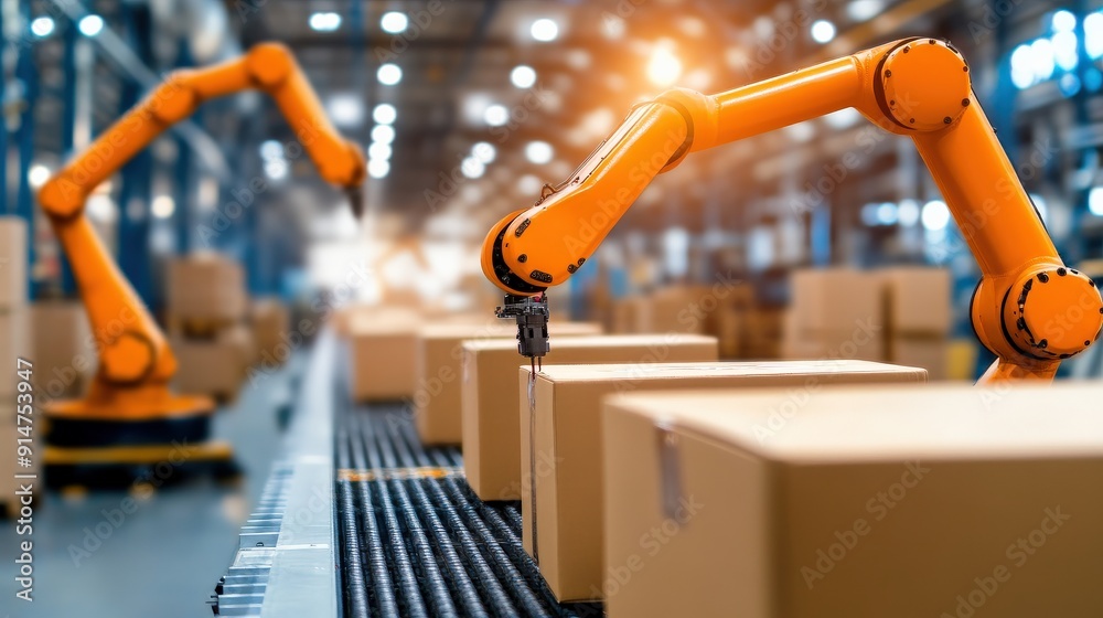 A robots are working in a factory, one of which is orange. The scene is industrial and mechanical A robots are working in a factory, one of which is orange. The scene is industrial and mechanical