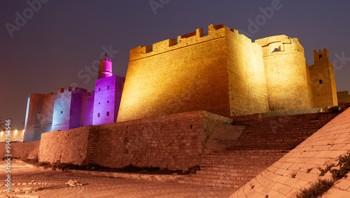Photography Ribat in Monastir in night illumination, Tunisia