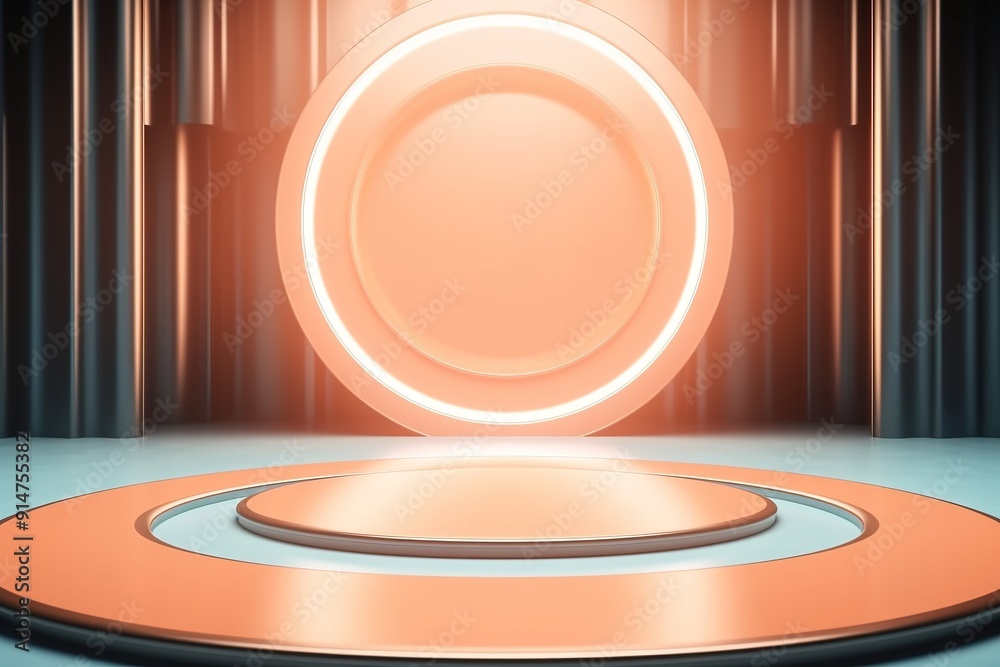 Fototapeta premium Abstract Orange Platform with Circular Light and Metallic Background.