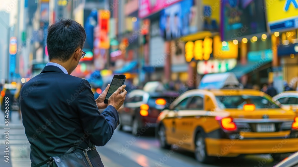 Obraz premium Man Using Smartphone in Busy City