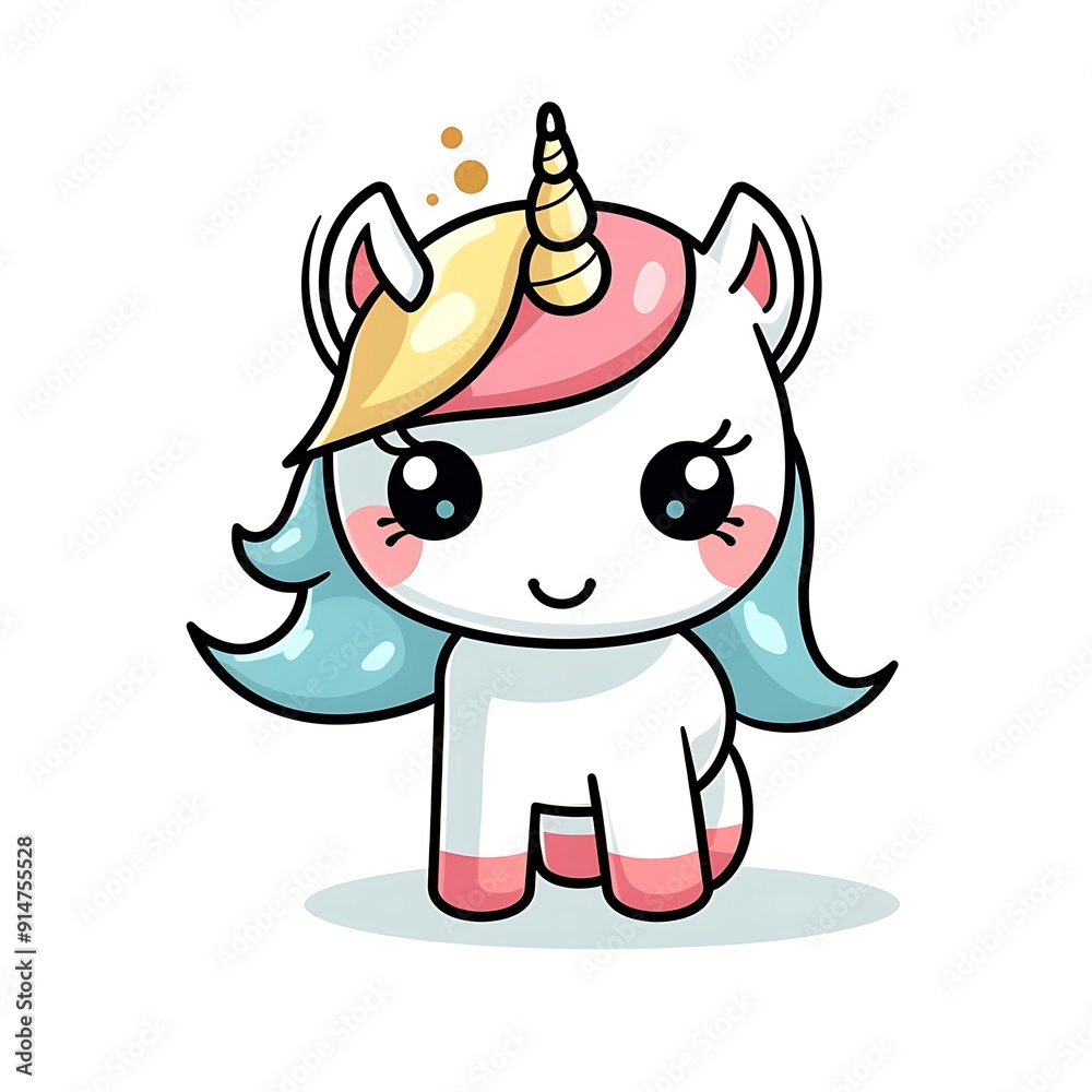 Cute Cartoon Unicorn With Blue Mane and Yellow Horn Sitting on White Background Cute Cartoon Unicorn With Blue Mane and Yellow Horn Sitting on White Background