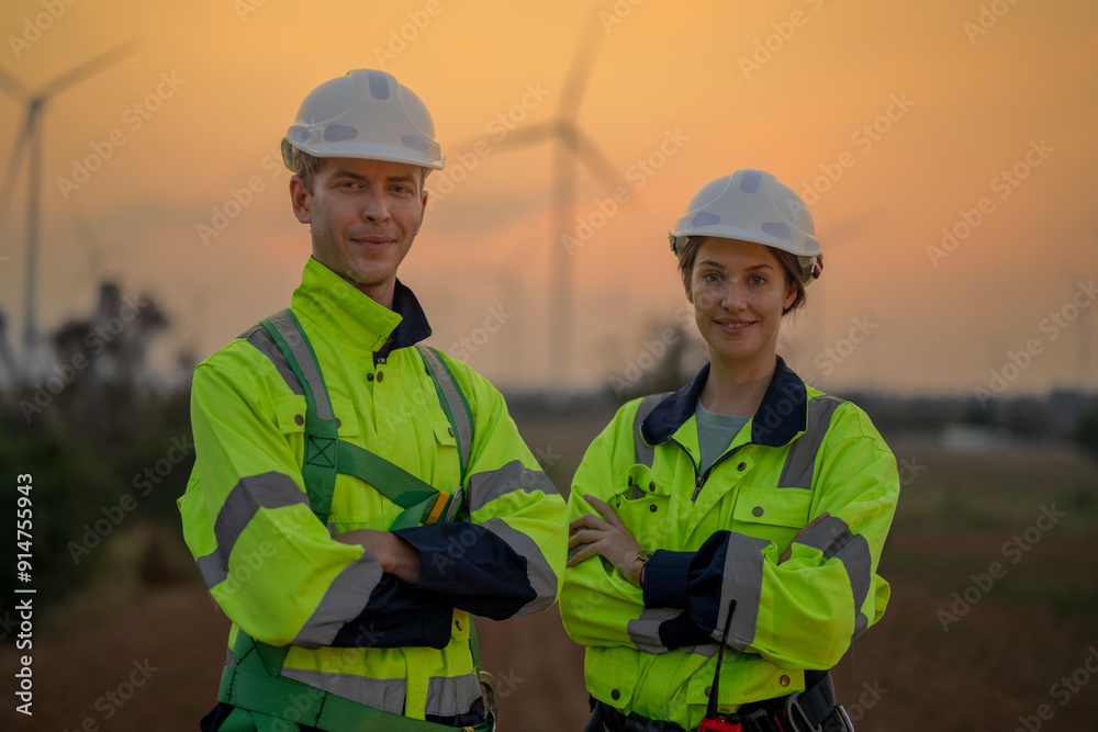 Team Engineers men and woman checking and inspecting on construction with sunset sky. people operation. Wind turbine for electrical of clean energy and environment. Industrial of sustainable. Team Engineers men and woman checking and inspecting on construction with sunset sky. people operation. Wind turbine for electrical of clean energy and environment. Industrial of sustainable.