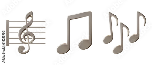 Music notes silver emoticon. Platinum emoji elements. Treble and bass clef, classical keys for melody sheet. In plastic cartoon style. Icon isolated on white background. Vector illustration