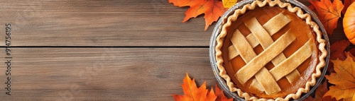 Pumpkin pie with a lattice crust on a wooden table, decorated with autumn leaves and pumpkins, ready for Thanksgiving. photo