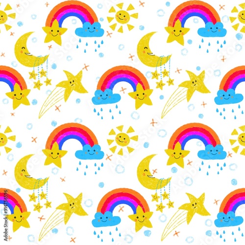 seamless pattern of rainbow, clouds, sun and stars, cartoon style isolated on white background.