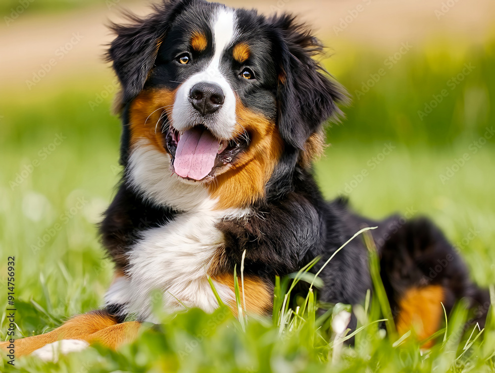 A brown and white dog is laying in the grass. The dog is smiling and has its tongue out A brown and white dog is laying in the grass. The dog is smiling and has its tongue out
