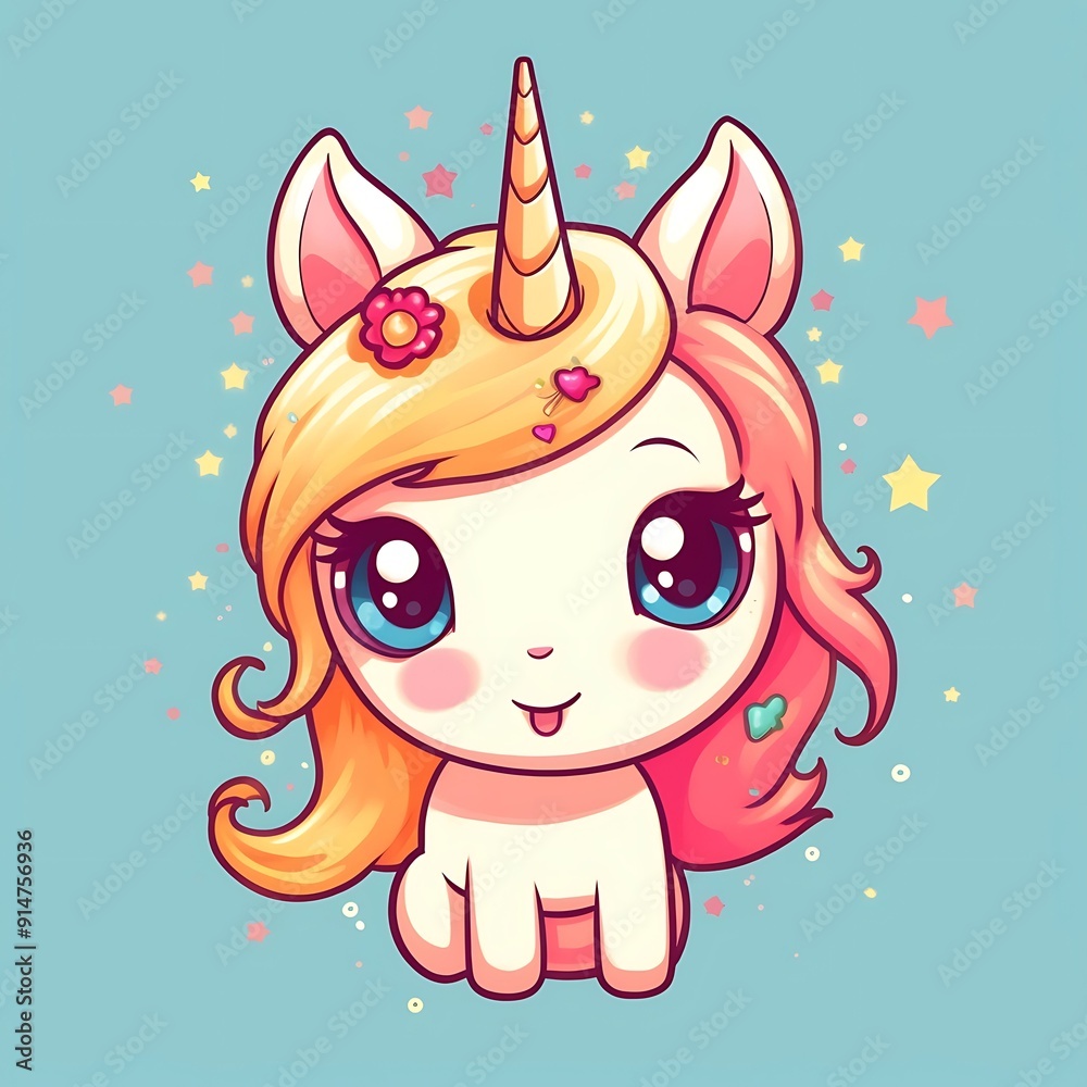 Cute Cartoon Unicorn With Pink and Yellow Hair and a Golden Horn Cute Cartoon Unicorn With Pink and Yellow Hair and a Golden Horn