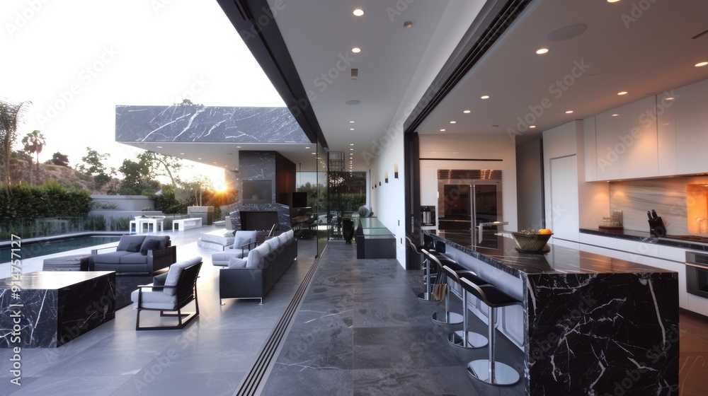 Modern Home Interior with Kitchen, Pool, and Patio Modern Home Interior with Kitchen, Pool, and Patio