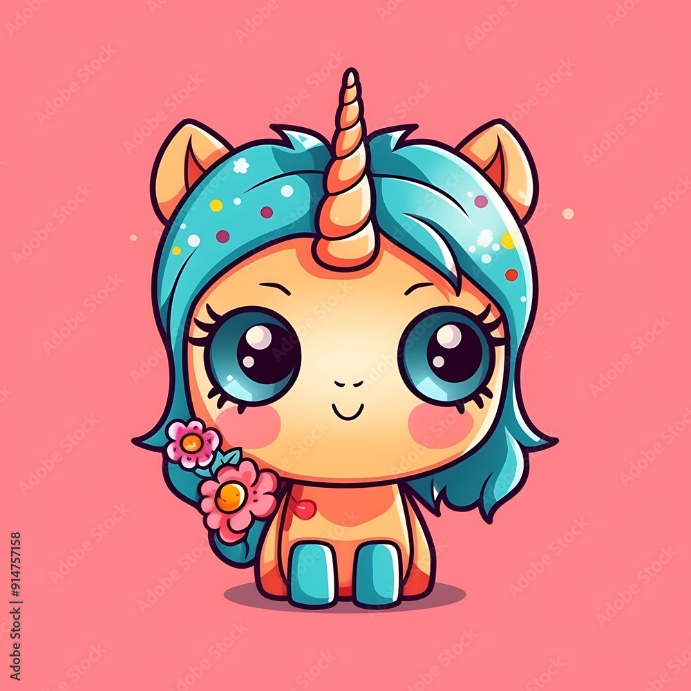 Cute Cartoon Unicorn With Flowers and Blue Hair Cute Cartoon Unicorn With Flowers and Blue Hair