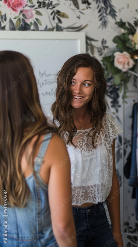 Two women laughing together, with floral wallpaper in the background.