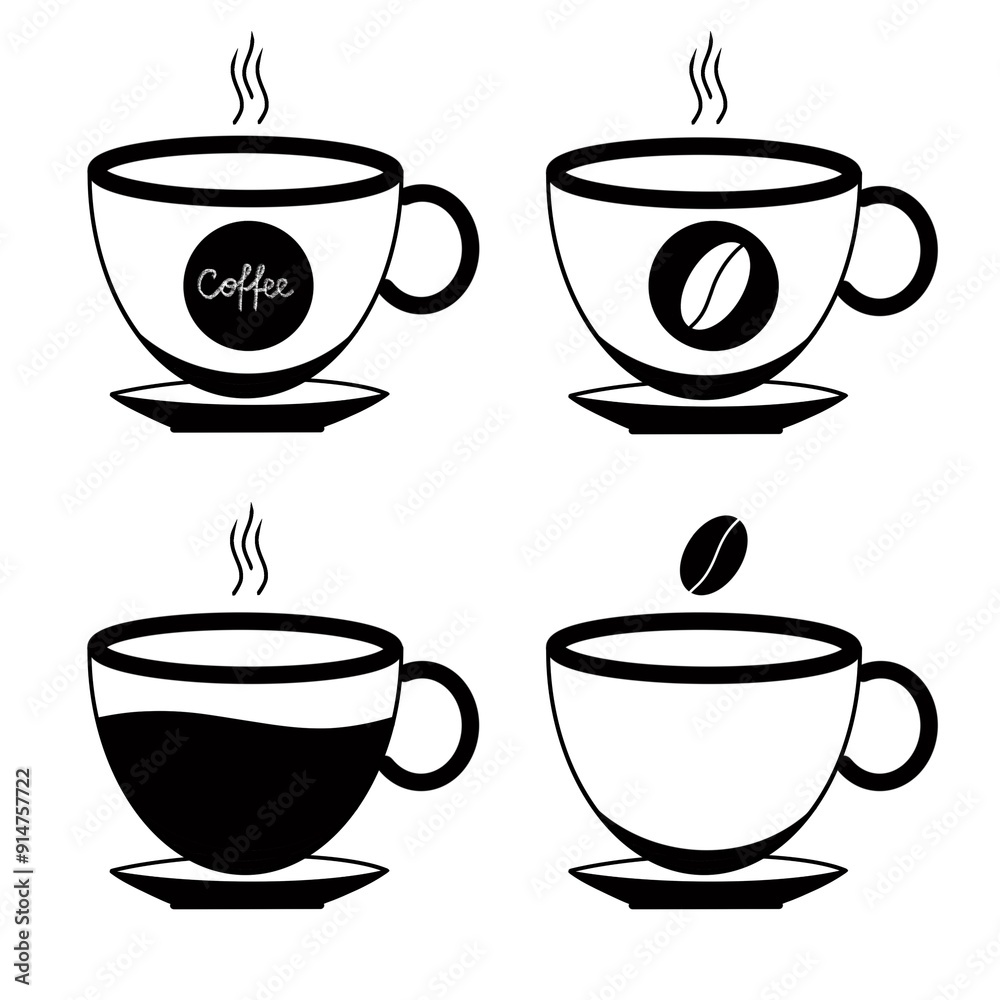 Hot coffee cup illustration, cut out. Cup coffe with steam and bean isolated on white background. Hot coffee cup illustration, cut out. Cup coffe with steam and bean isolated on white background.