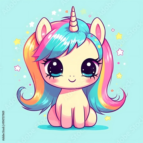 Cute Cartoon Unicorn With Rainbow Hair Sitting on Blue Background