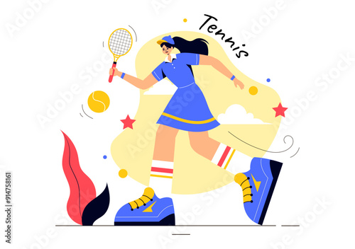 Vector Illustration of a Tennis Player Holding a Racket with a Ball on the Court During a Sports Match in Flat Cartoon Style Background