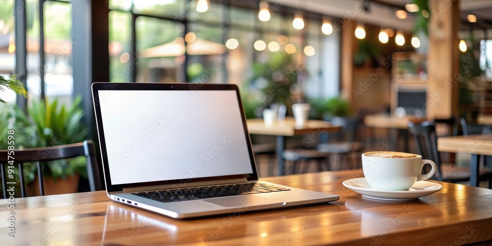 A laptop is open on a wooden table in a cafe