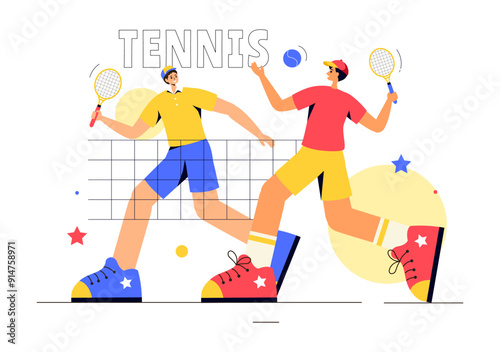 Vector Illustration of a Tennis Player Holding a Racket with a Ball on the Court During a Sports Match in Flat Cartoon Style Background