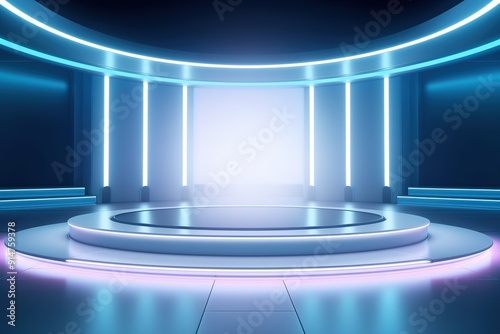 Futuristic blue and white podium with neon lights.