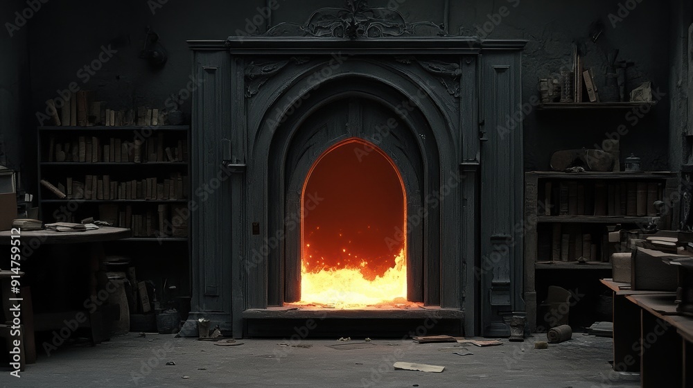 Mysterious Room with Fiery Hearth and Dark Shelves Mysterious Room with Fiery Hearth and Dark Shelves