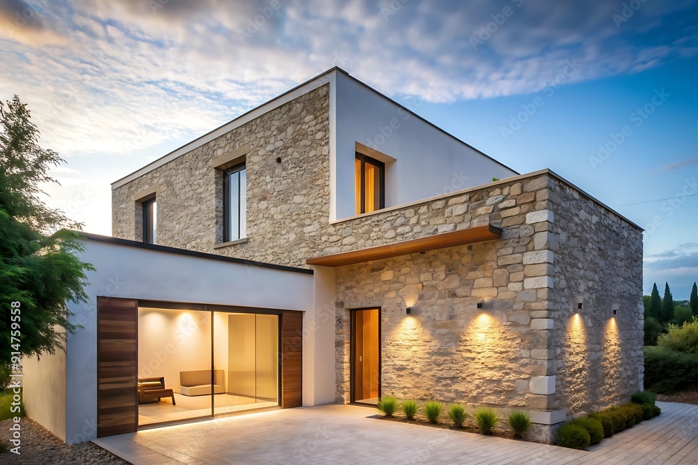 Modern Stone House with Wooden Accents and Evening Lighting.