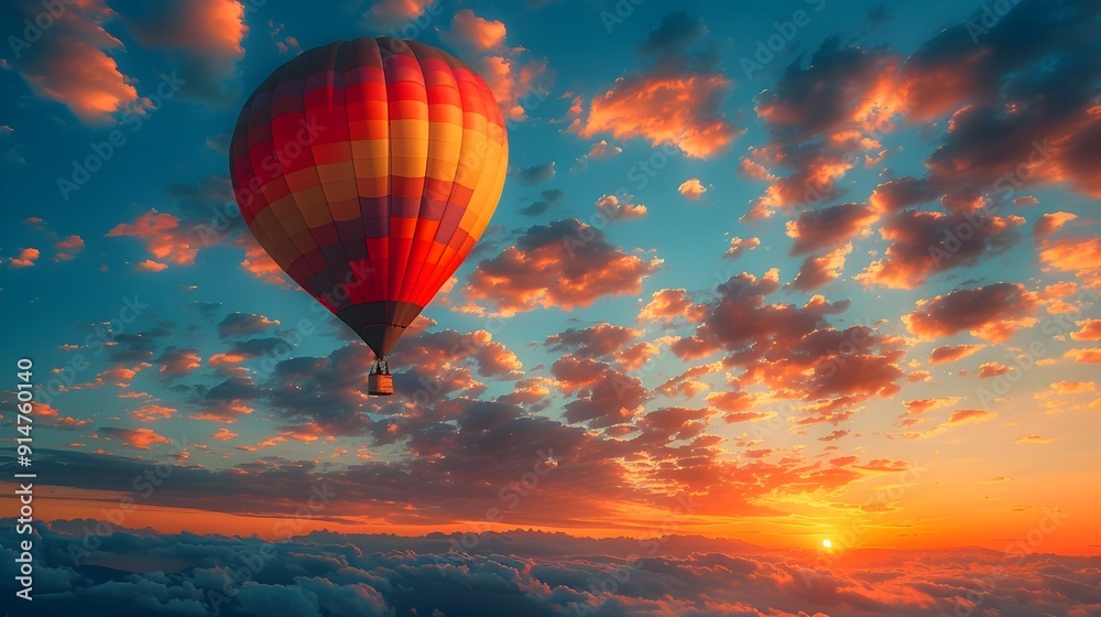 Obraz premium Vibrant and Whimsical Hot Air Balloon Soaring Through Colorful Clouds at Sunset