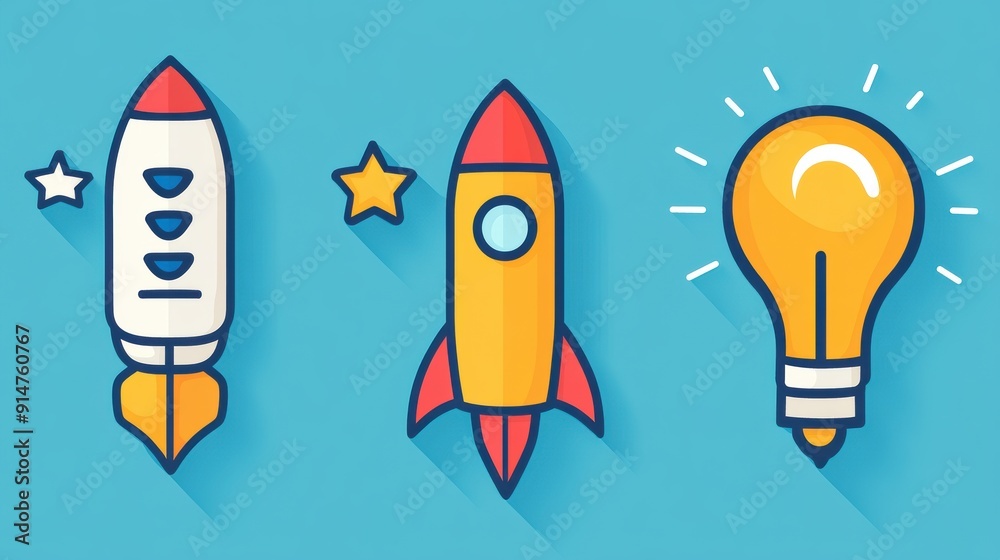 Colorful Rockets and Light Bulb Cartoon Elements Colorful Rockets and Light Bulb Cartoon Elements