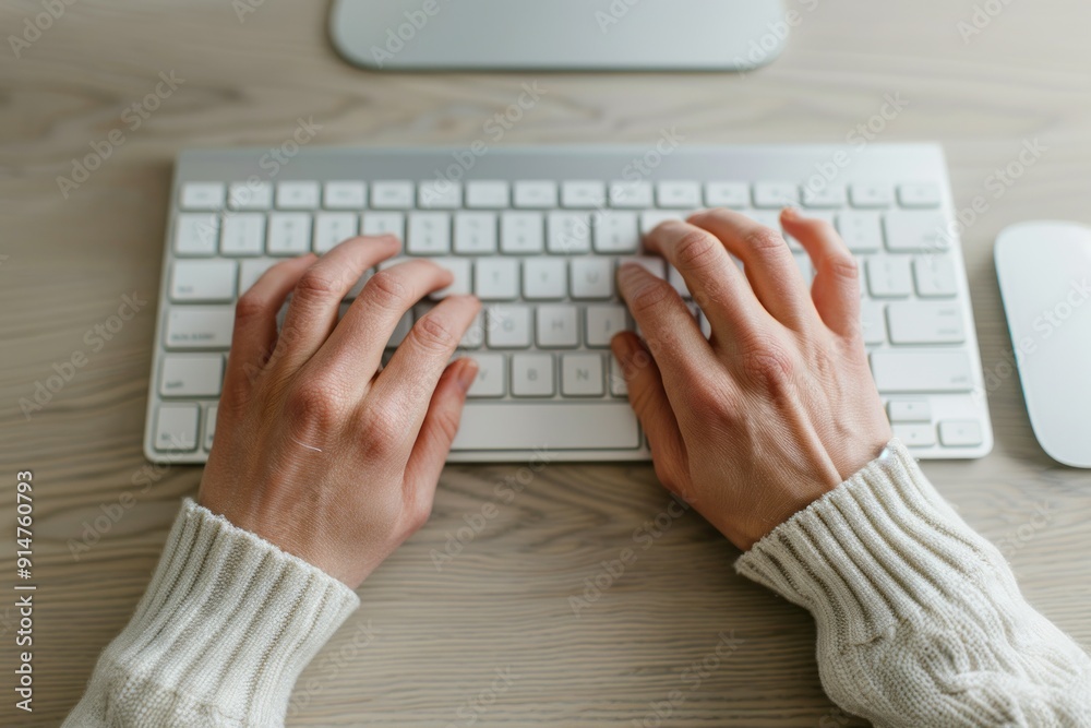 Close-up of hands typing on a white keyboard. Close-up of hands typing on a white keyboard.