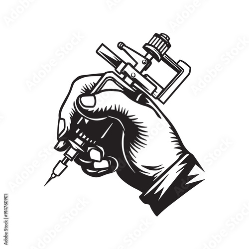 hand drawn illustration of a hand holding a tattoo machine sillhattue