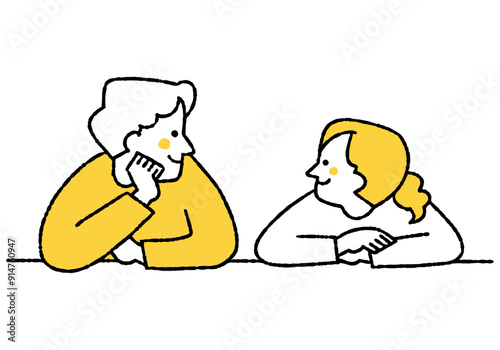 Two people staring at each other with their elbows on the table
