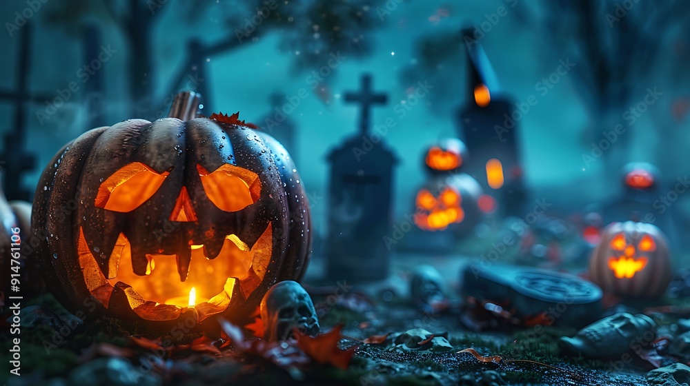 Fototapeta premium Spooky Halloween Pumpkin in a Graveyard