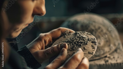 Close-up of a woman's hands sculpting clay. photo