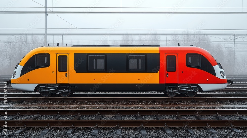 Colorful Train on Tracks in Foggy Environment Colorful Train on Tracks in Foggy Environment